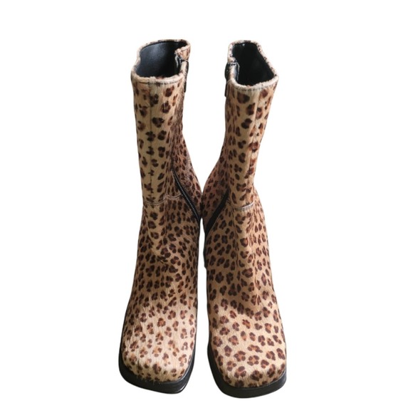 Diba Chunky Heel Leopard Print Real Fur Leather Y2K 90's Boots - Picture 2 of 8